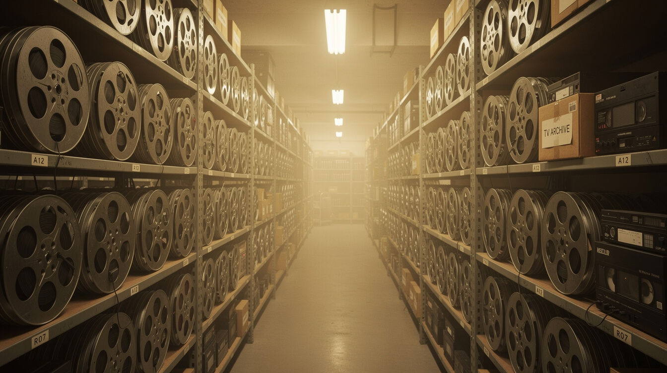 Shelves of archived film reels and video tapes