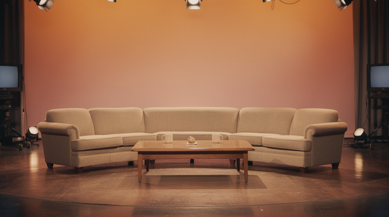 Talk show set with sofa and studio lighting
