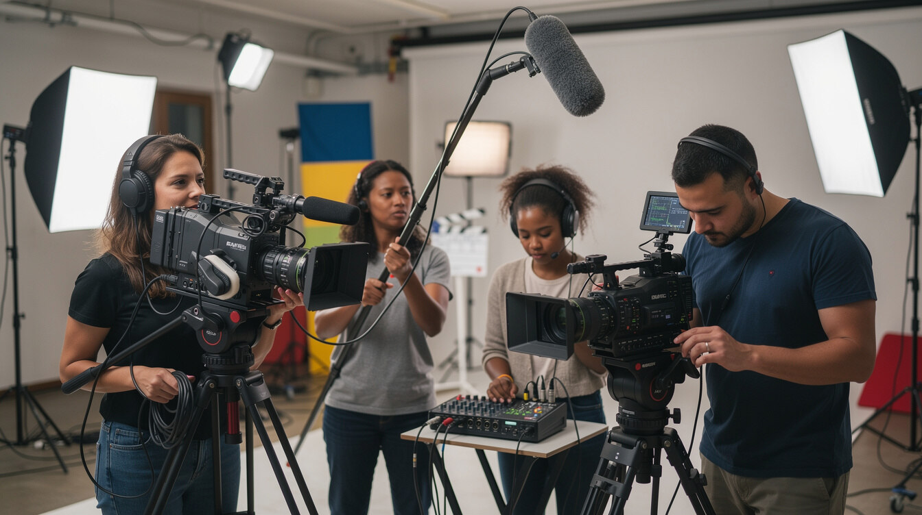 Camera crew filming on a television set