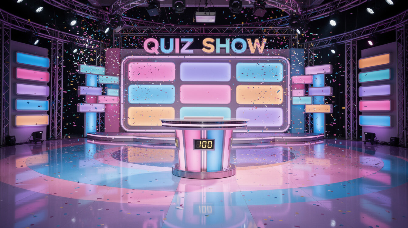 Colourful game show stage set with bright lighting