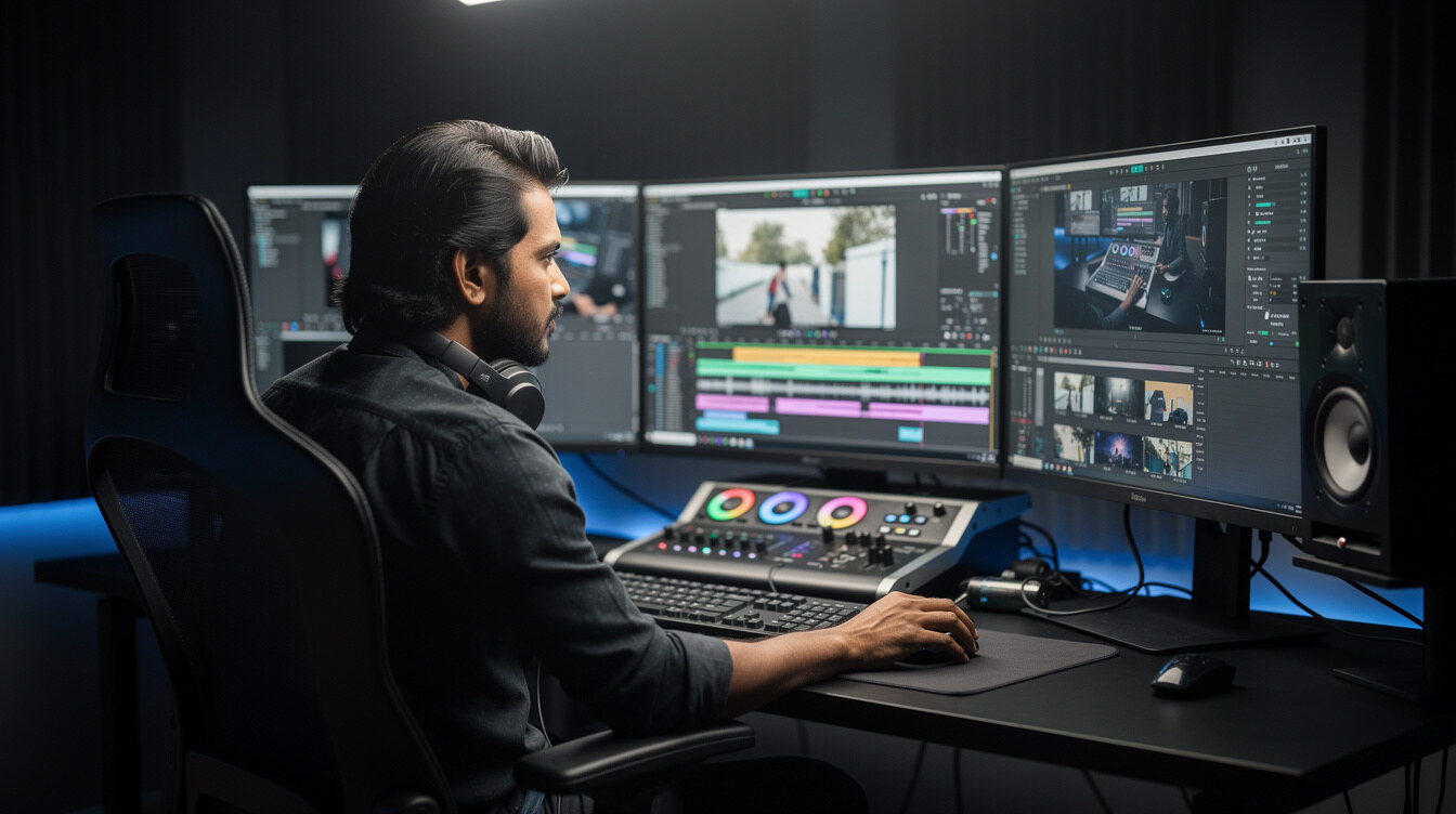 Video editor working at a multi monitor editing suite