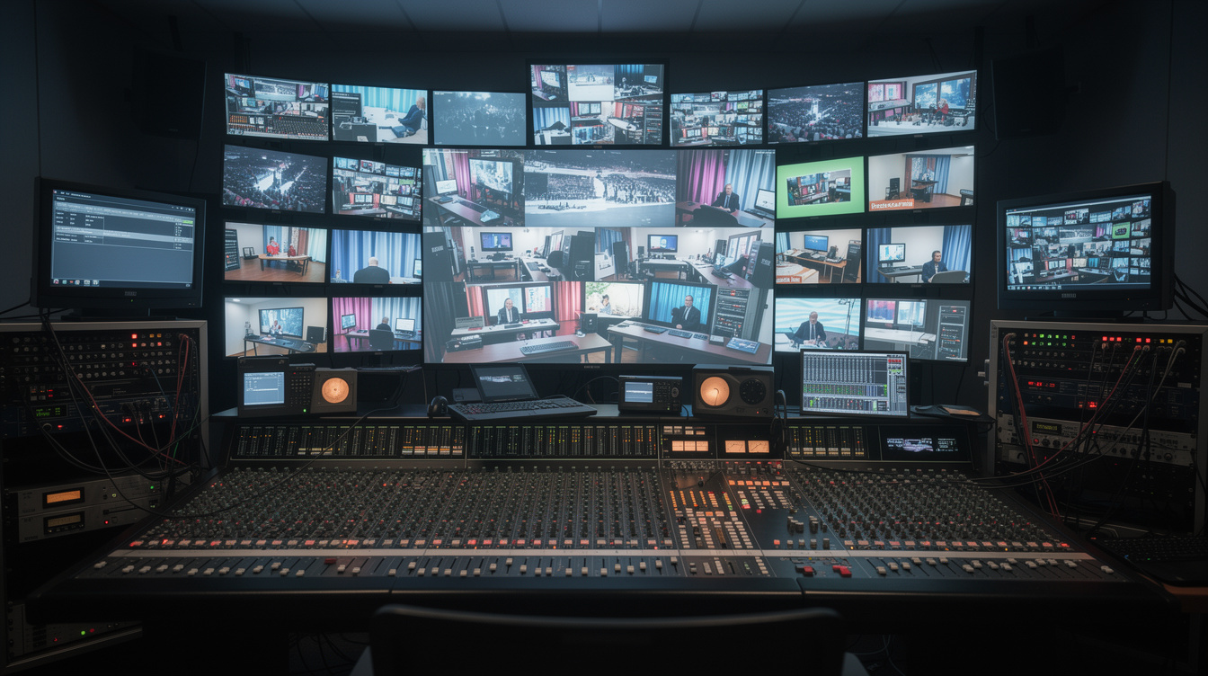 Television broadcast control room with monitors